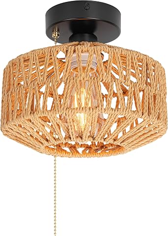RV Hardwired Dome Shape Hand-Woven Boho Light Fixtures with Zipper Switch 12V RV Natural Rattan Cover, E26 Socket Semi Flush Mount Interior Lighting Decorative for Boat Camper Hallway