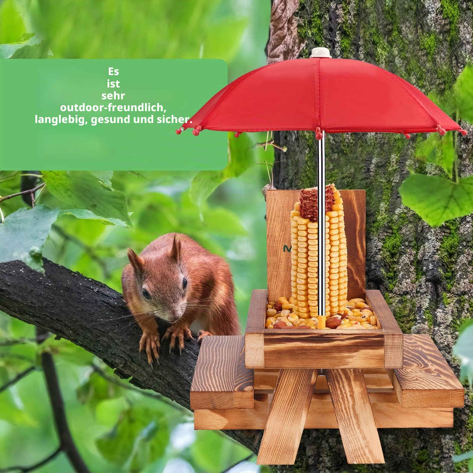 MIXXIDEA Eichhörnchen-Futterstation Picknicktisch mit hohem Regenschirm, Eichhörnchen-Futterspender aus Holz für draußen, niedlicher Streifenhörnchen-Futterspender mit Maiskolbenhalter, solide