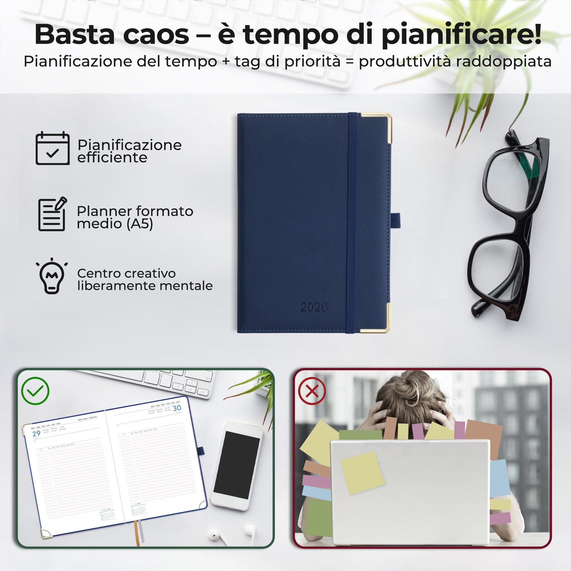 Agenda 2026 A5: Diario, Pianificatore quotidiano 1 pagina/giorno, Carta 80 g/m² 21,5x15 cm, con portapenne & tasca interna, pelle vegana Blu marino