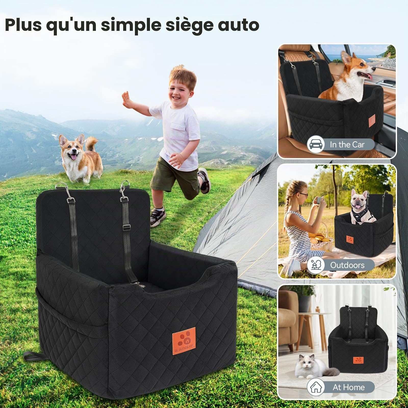 GL GLENSLAVE Siège auto pour chiens de petite et moyenne taille de moins de 15,9 kg, siège rehausseur en mousse à mémoire de forme, amovible et lavable, lit pour chien avec 2 ceintures de sécurité