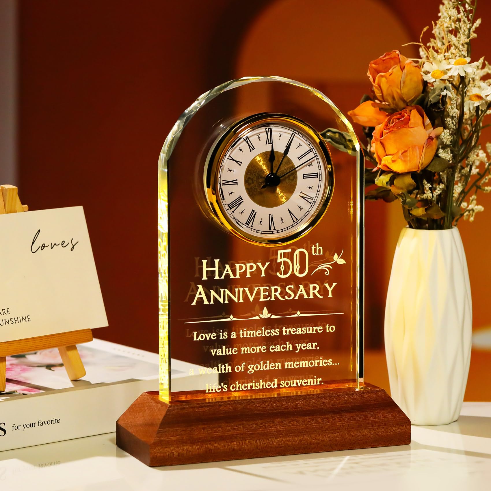 YWHL 50th Wedding Anniversary Clock Gifts for Parents Grandparents, 50 Years Anniversary Couple Gifts, Glass Table Clock Presents with Wooden Light Base for Home Decoration (Battery not Included)