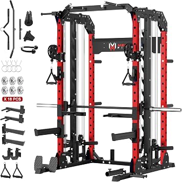 Smith Machine, 2600LBS Squat Rack, 7-in-1 Home Gym Cage with Adjustable Safety Bars, Pull-Up & LAT Pulldown