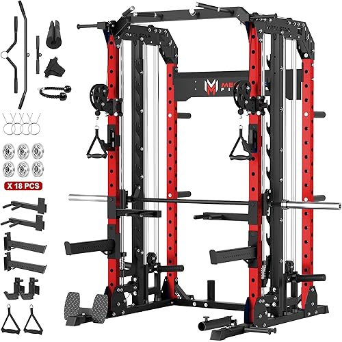 Smith Machine, 2600LBS Squat Rack, 7-in-1 Home Gym Cage with Adjustable Safety Bars, Pull-Up & LAT Pulldown