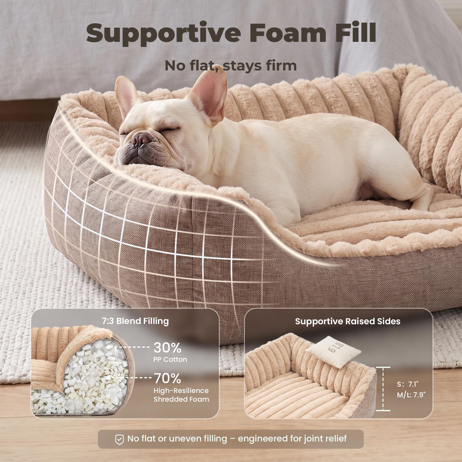 Avont Cama Mullida para Perros y Gatos Pequeños y Medianos – Espuma de Alta Elasticidad con Funda Suave Lavable a Máquina y Base Antideslizante – Camello (L)