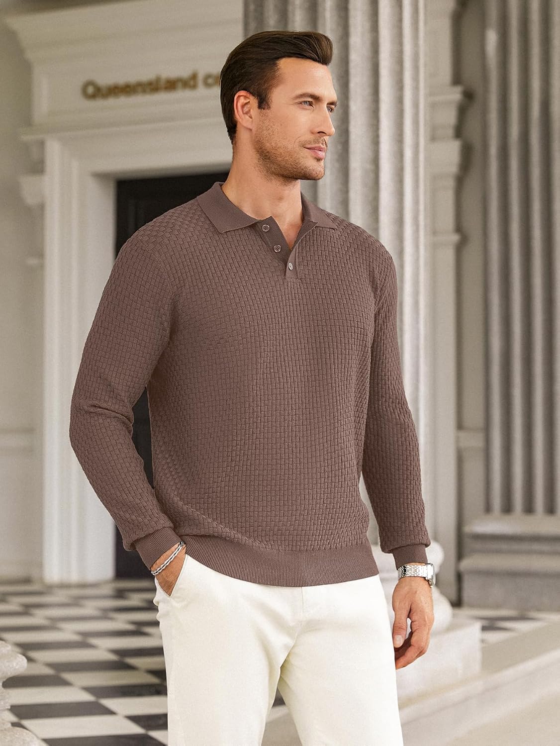 Hardaddy Men's Knit Polo Shirts Long Sleeve Button Up Pullover Sweater Textured Casual Collared Tops - Image 2