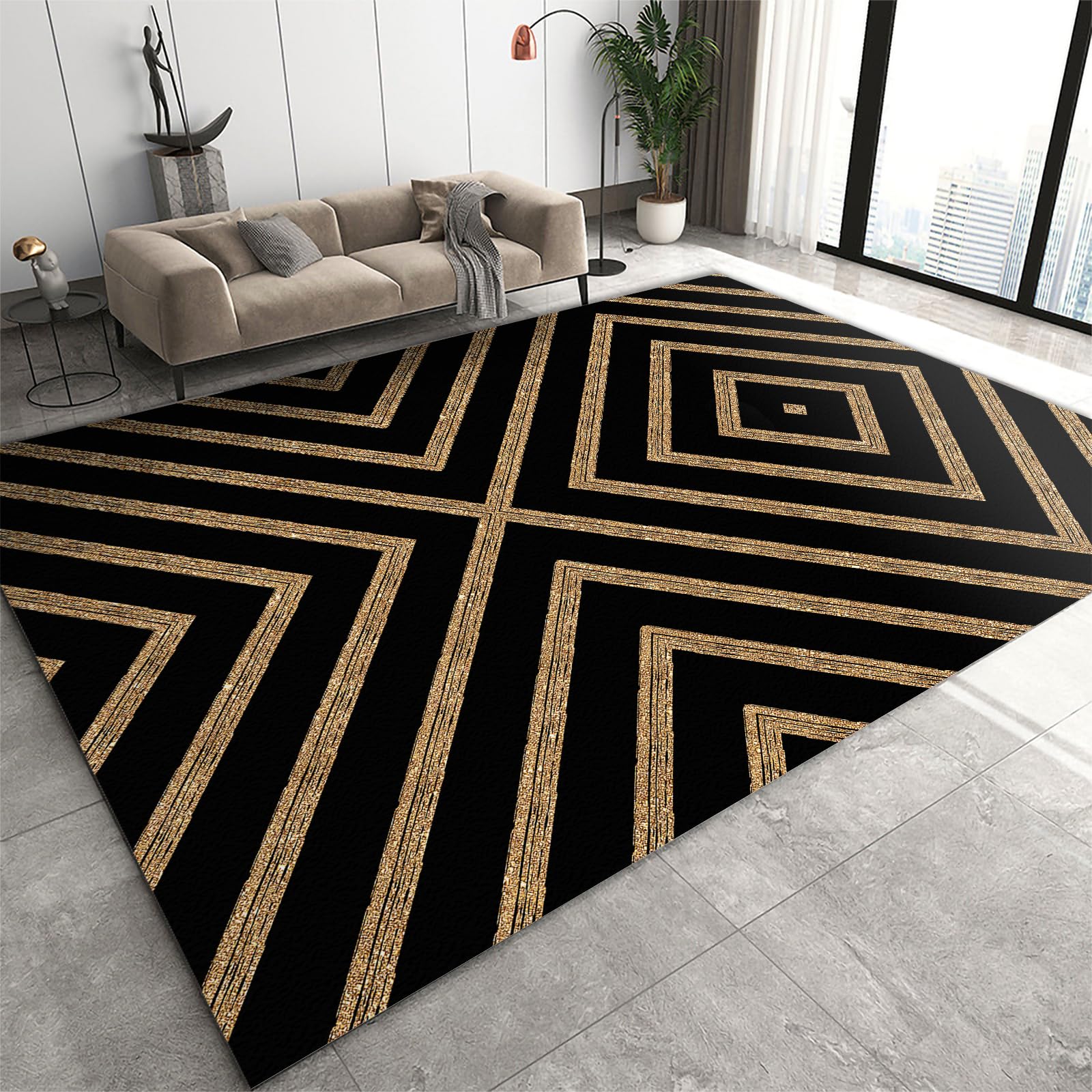 TIMOILU 4x5 Area Rugs Black and Gold Geometric Line Small Rugs for Bedroom, Abstract Creative Modern Art Deco Low Pile are Not Stumbling Foot Kids