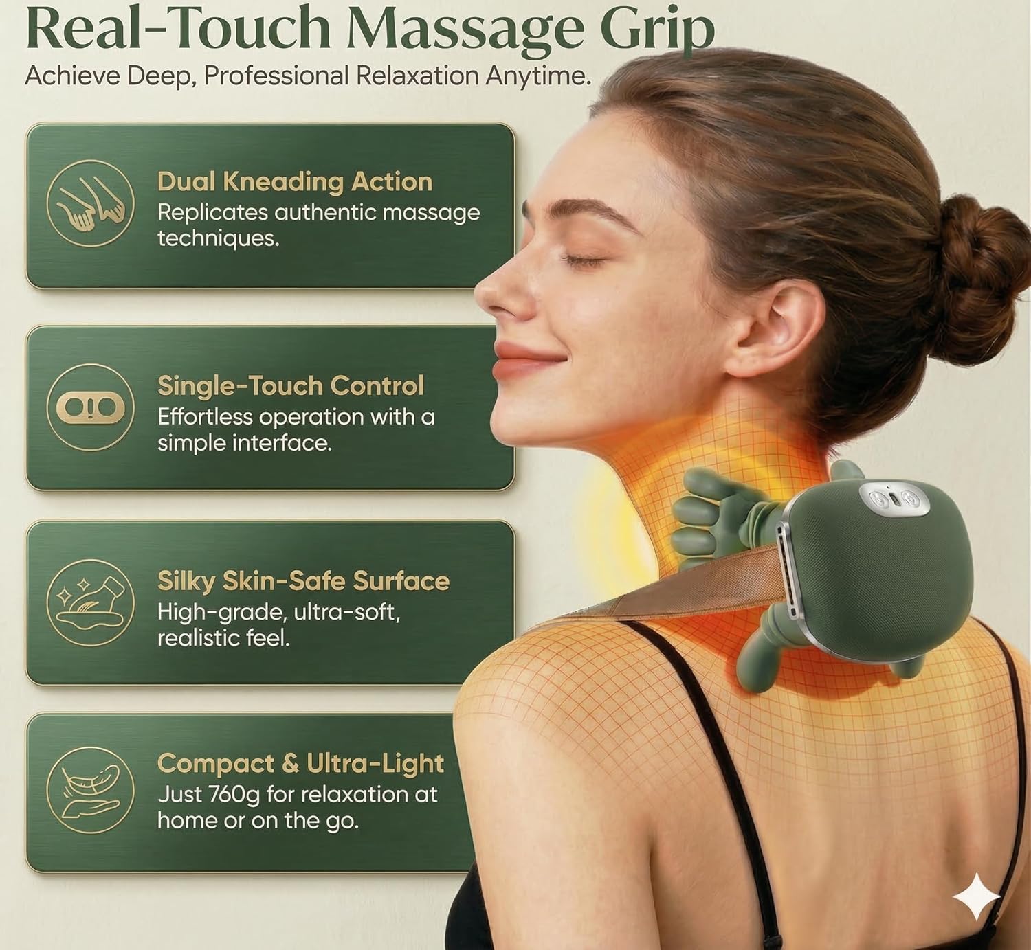 Bionic Neck and Shoulder Massager, N7 Real Hand Massagers with Fingers Heated for Back Muscle Pain Relief, Portable & Lightweight Design, Touch Gift (Eucalyptus Green)