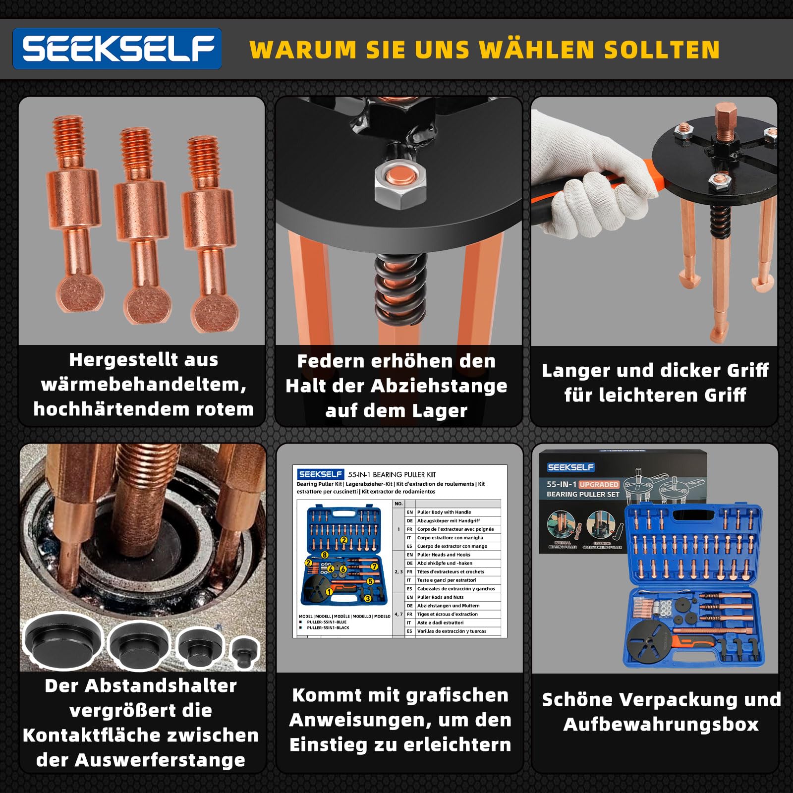 55-IN-1 Lagerabzieher-Kit, Sacklochlager-Abzieher-Set, inneres äußeres Lagertrennwerkzeug, internes externes Lagerausbau-Getriebesplitter-Zugwerkzeug, Blaue Aufbewahrungsbox