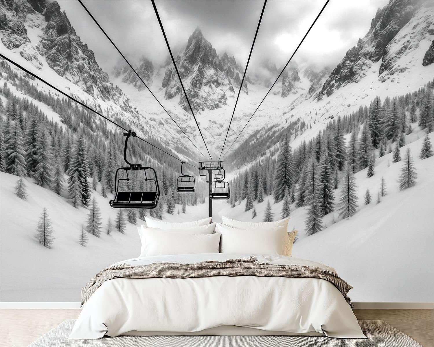 Peel and Stick Wallpaper Wall Murals Chair Lift Ski Resort Snowy Mountains Nice Sunny Day Snow Covered Pine Self Adhesive Removable Canvas Wall Stickers for Living Room Kids Bedroom 100''x144''