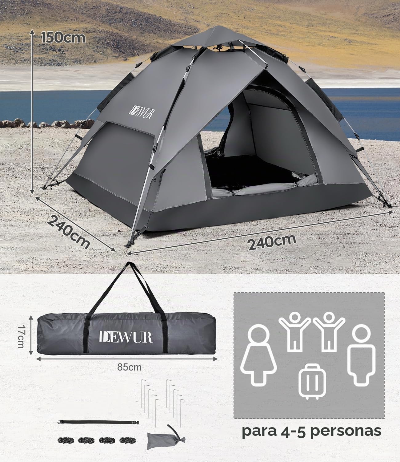 DEWUR Tienda de campaña para 2 – 4 personas, resistente al agua, para senderismo, camping, exterior, festival