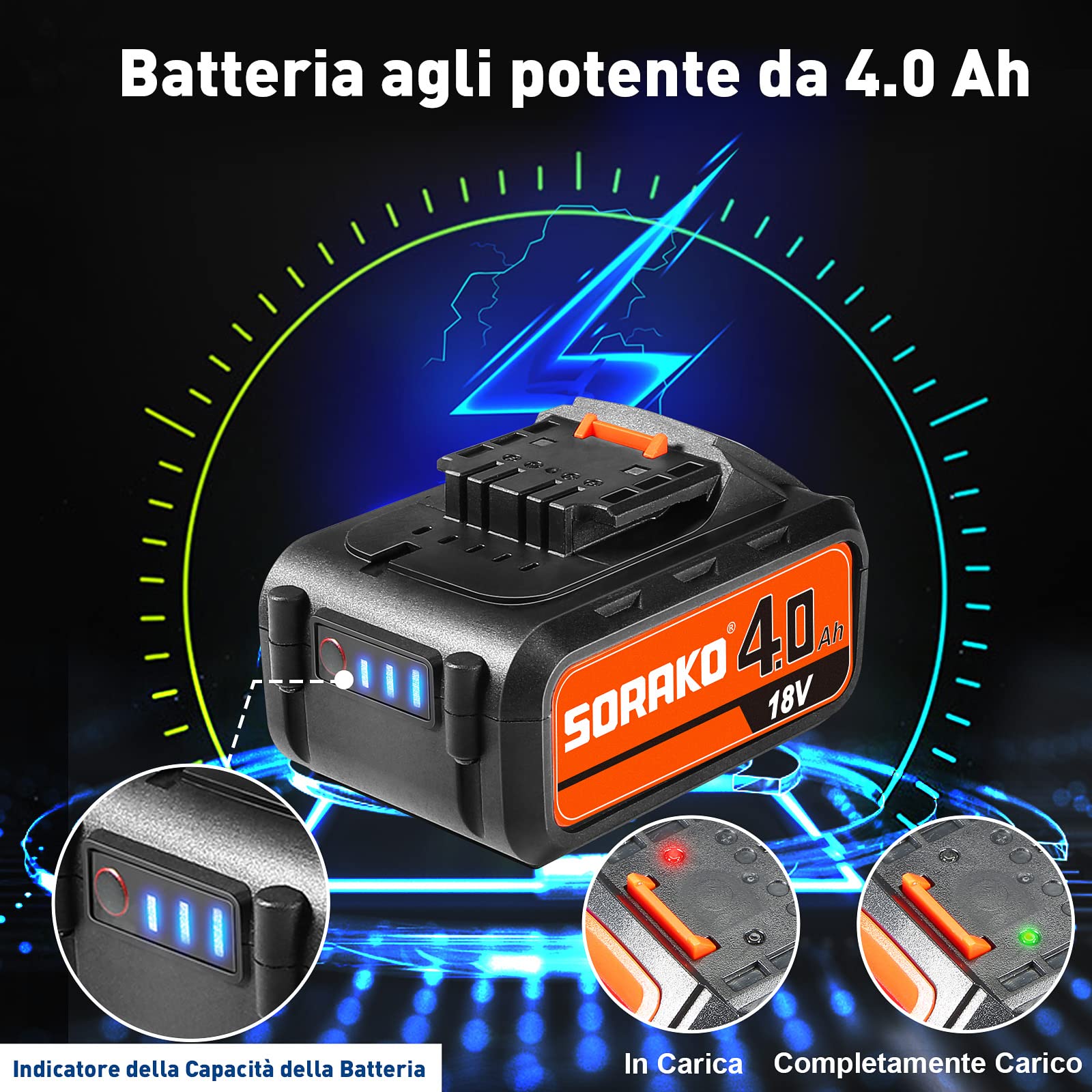 SORAKO Sega a Gattuccio a Batteria, 4.0-Ah Batteria e Caricatore, Velocità Variabile 0-3000spm, 18V Sega per Legno, Taglio di Rami, Potatura, Metallo
