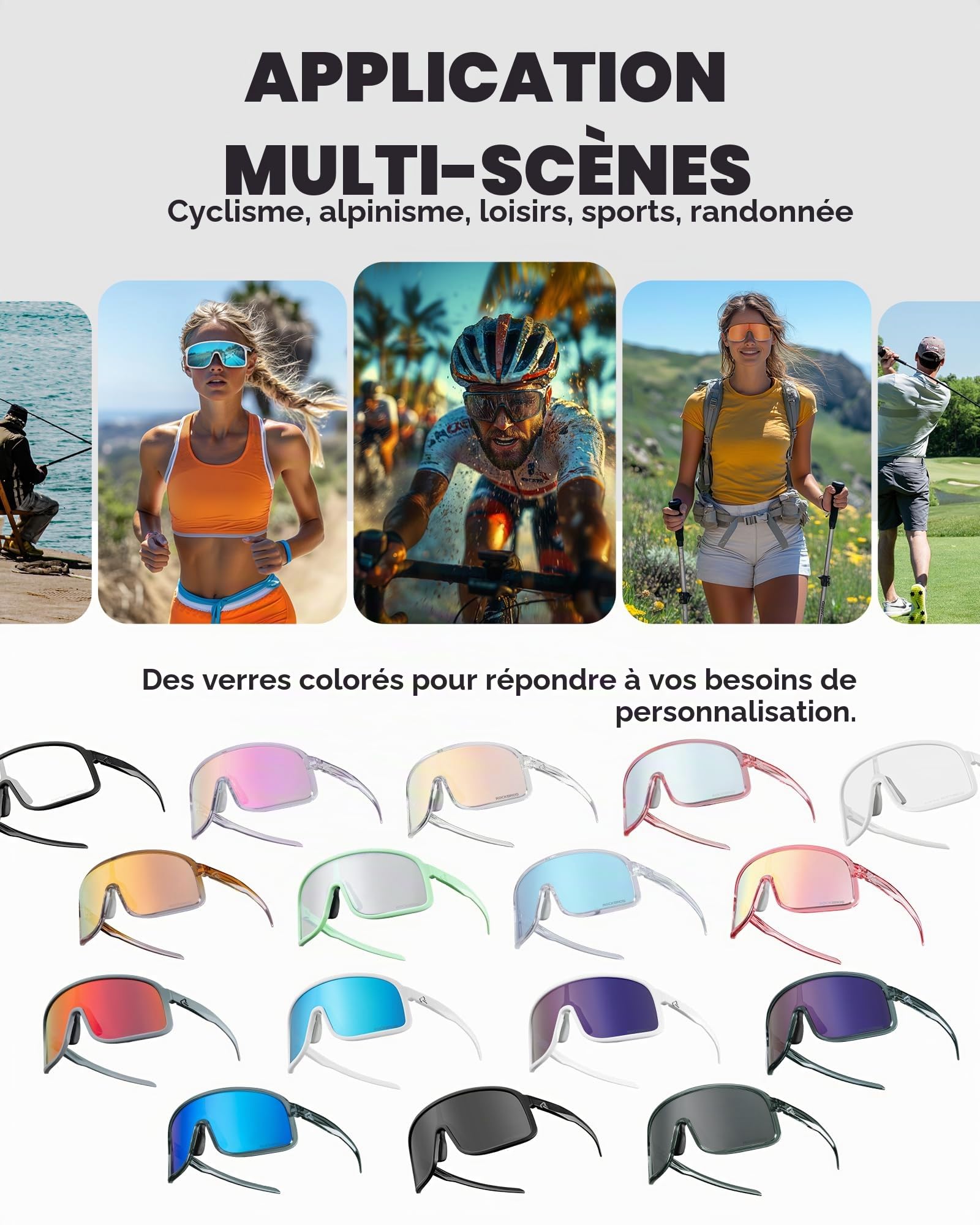ROCKBROS Lunettes Soleil Polarisées Sport, Cyclisme Lunettes Polarisées Anti-UV400 Verres REVO Cadre TR90 Léger Homme Femme Vélo VTT Pêche Course Golf Sports de Plein Air