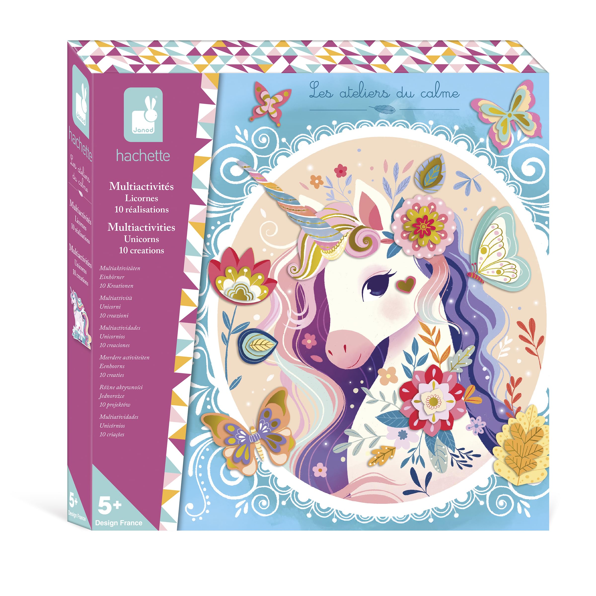 Janod - Cofanetto Creativo Multi-​attività Unicorno - 13 attività da Decorare - Mosaici, Adesivi Brillanti e Carta Dorata - dai 6 Anni