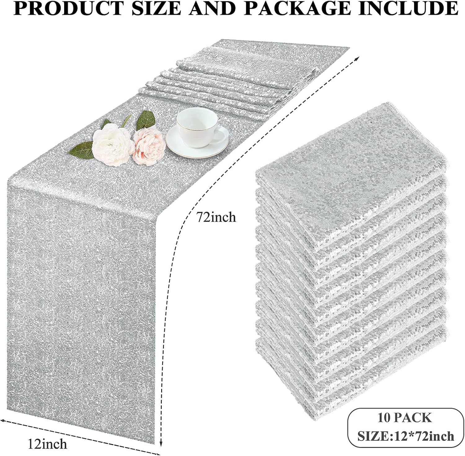 MTREO 10 Pack Sequin Table Runner 12" x 72" Silver Sequin Table Cloth for Rectangle Tables Sparkle Table Covers for Wedding Engagement Birthday Party Holiday Decorations Baby Shower Christmas : Home & Kitchen