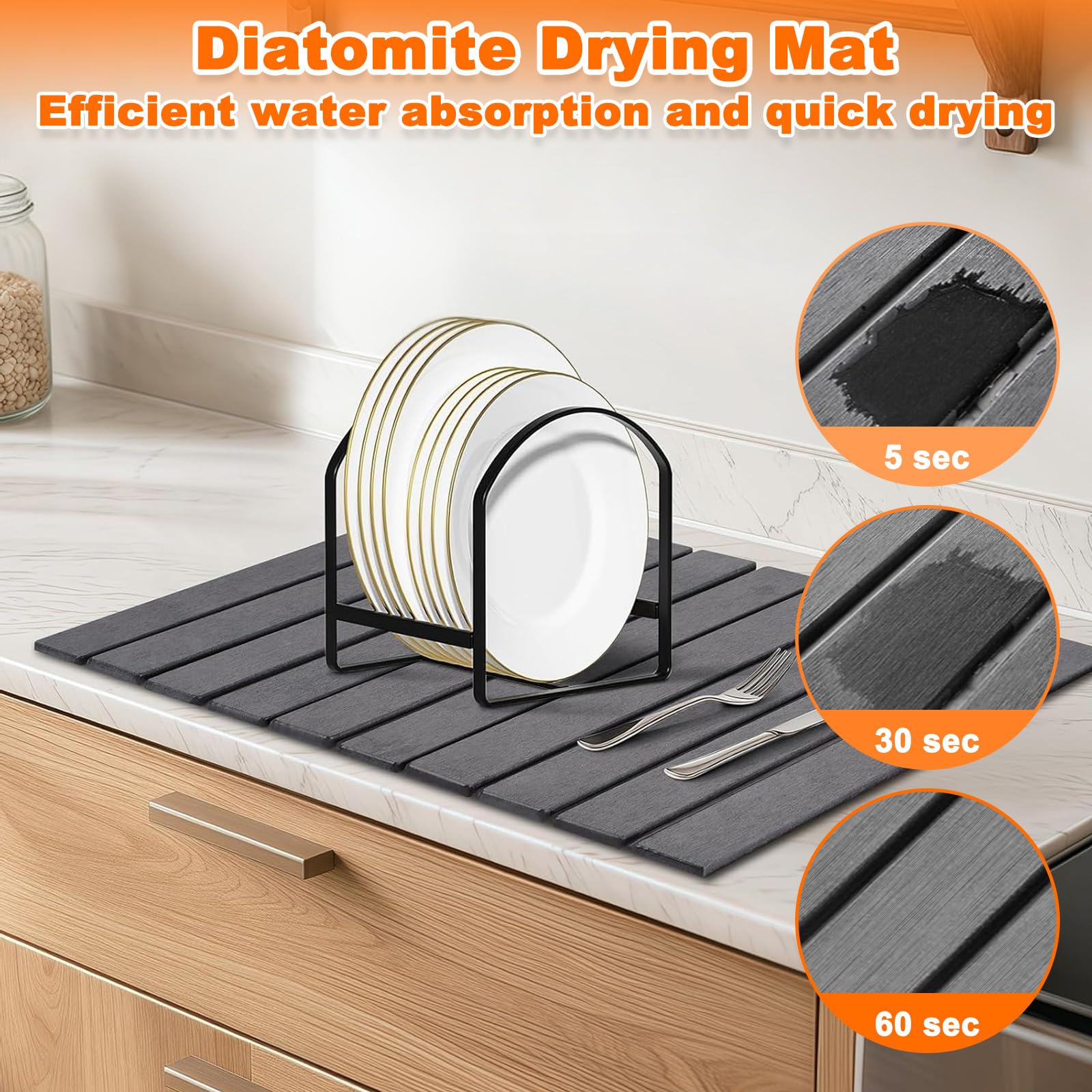Tapis Égouttoir Vaisselle en Diatomite 60x39cm, Tapis à Séchage Rapide Pierre Pliable pour Comptoir de Cuisine, Accessoires Égouttage Absorbant l'Eau Antidérapants pour Tasses, Bouteilles (Gris Foncé)