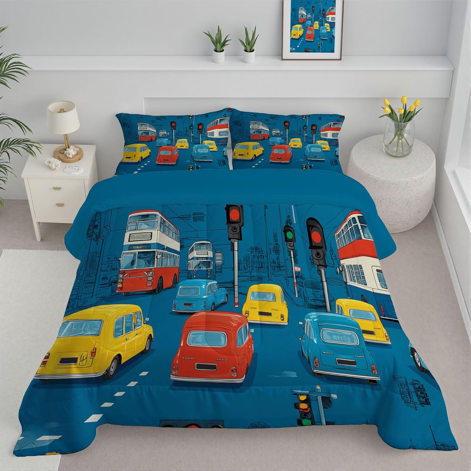 3D Cars and Buses Comforter Set King Size Bedding Set Traffic Lights All Season Down Comforter Printed Quilted with 2 Pillow Shams for Kids, Teens, Adults 104 x 90in Navy Blue