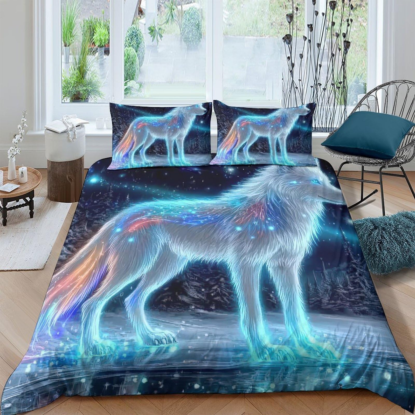 Ctjqhvkz Style-5 3D Printed Fantasy Wolf Fitted Sheet Microfiber Soft Deep Blue Aurora Mattress Cover For Bedroom Dorm Mattress Protection Decor Single（135X200cm）