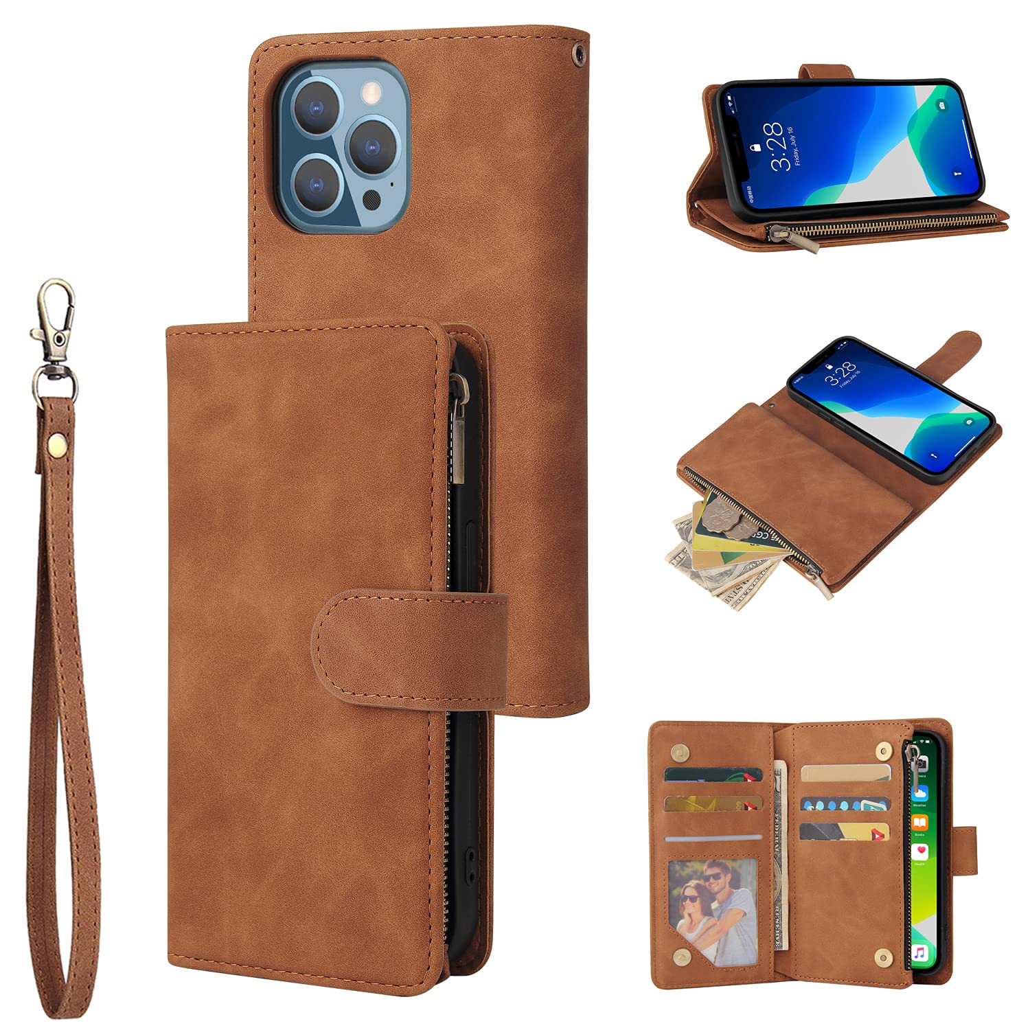 Compatible with iPhone 13 Pro Max Wallet Case, Premium PU Leather with Zipper Wrist Strap Magnetic Closure Built-in Kickstand Protective Case (Brown, iPhone 13 Pro Max)