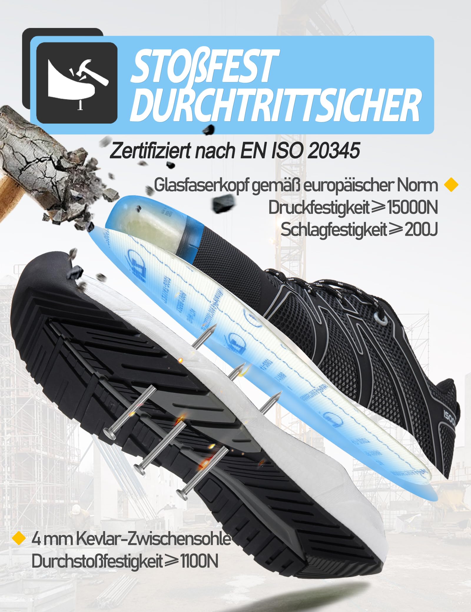 Arbeitsschuhe Herren S3S Sicherheitsschuhe Damen SRC ESD FO Metallfrei | Wasserdicht Rutschfest Antistatisch Ölbeständig Leicht Glasfaserkappe Sportlich mit Dämpfung Bequem