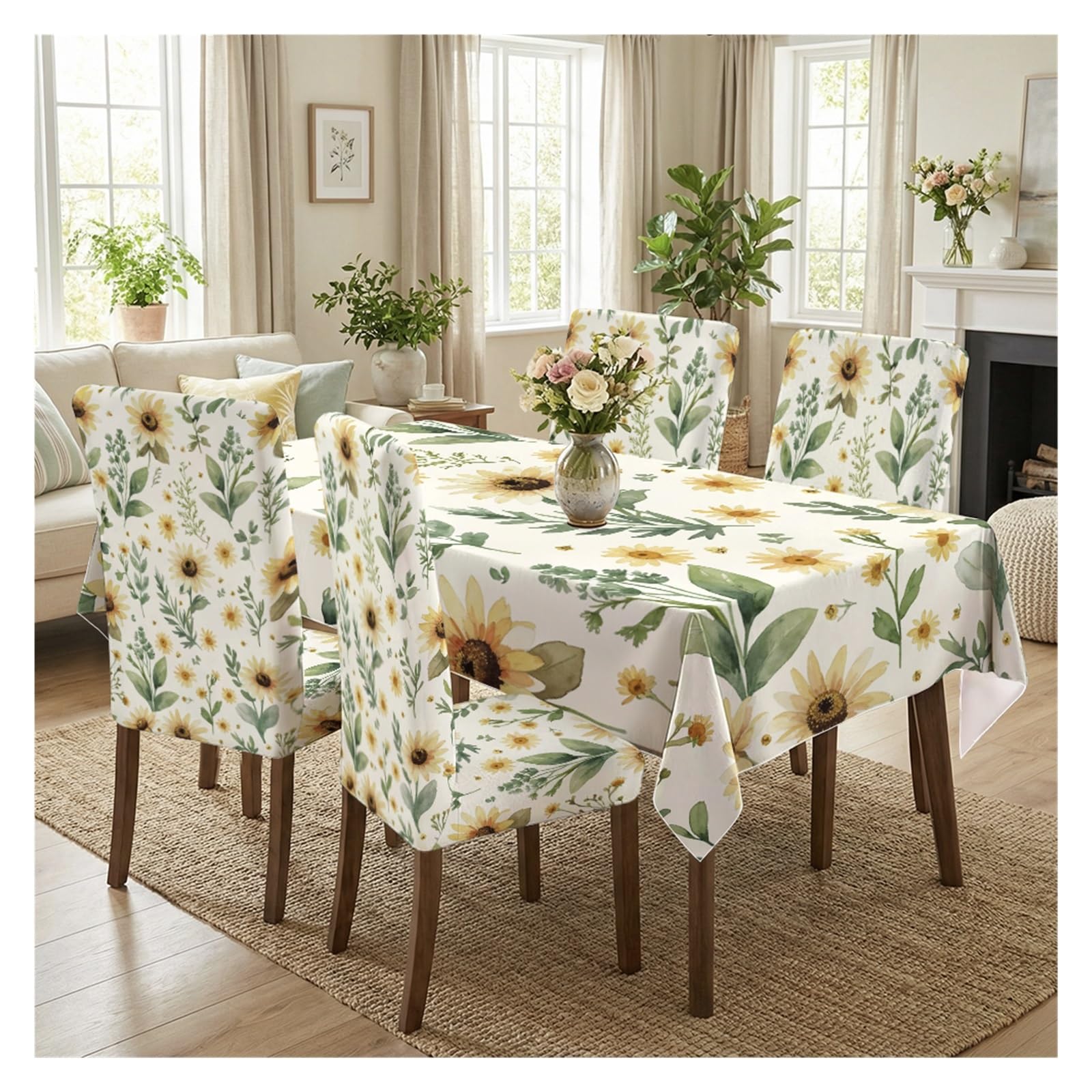 KXUAUV Watercolor Yellow Sunflower & Green Leaf Print Dining Tablecloth & Chair Covers Set, 5/7 Piece Fresh Country Cottage Dining Decor Party Decor(5pcs Set: Tablecloth+Chair Covers)