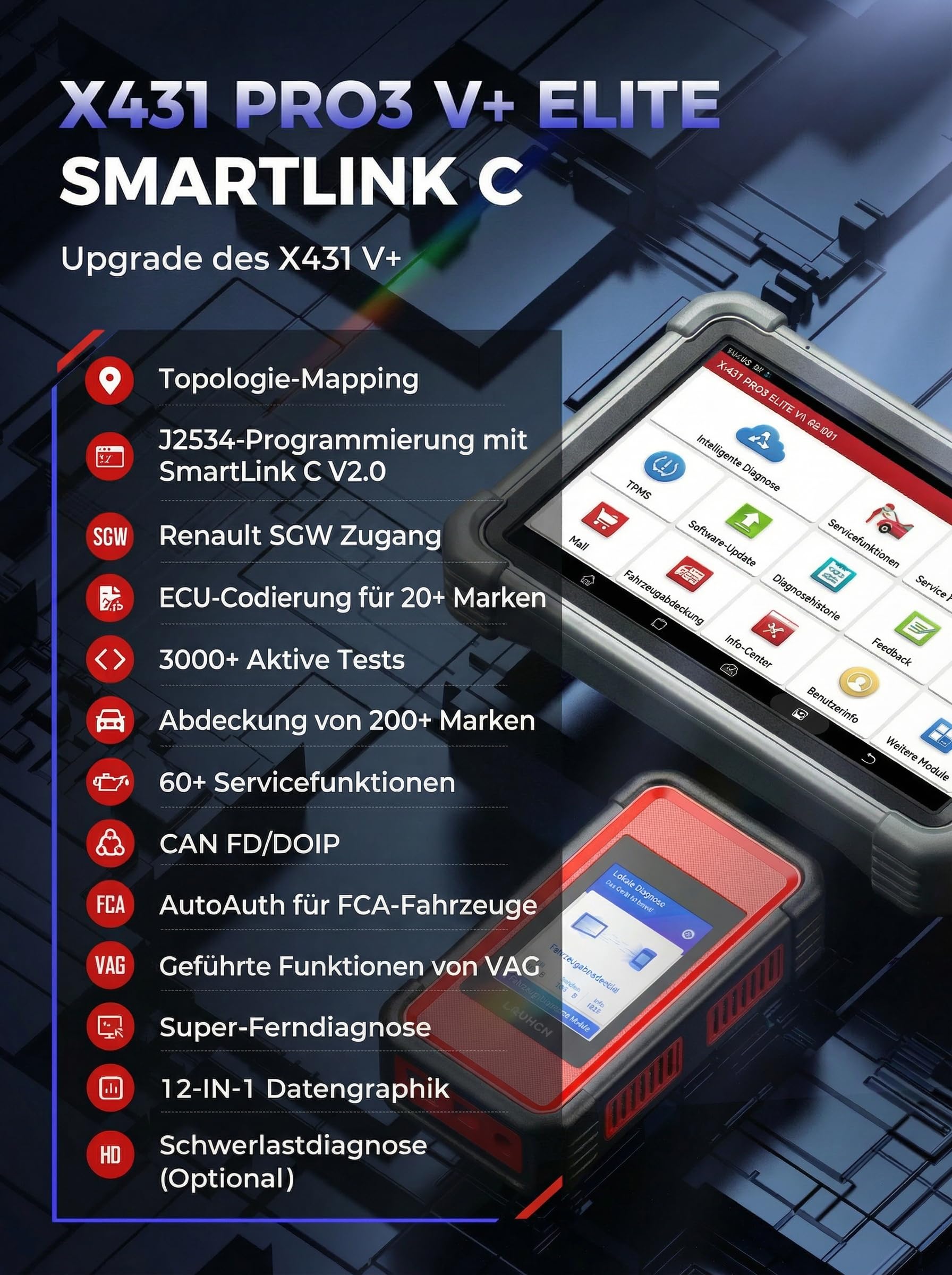 LAUNCH X431 PRO3 V+ Elite, Neu Smartlink C 2.0 Bidirektionales Scan-Tool mit J2534, HD-LKW-Scan, Topologiekarte, 60+ Service, Online-Codierungs, CANFD/DOIP/D-PDU, FCA, 2 Jahre Update(schwarz)