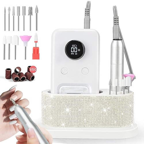 Electric Nail Drill Professional, 45,000RPM Electric Nail File with 12 Drill Bits & 50 Sanding Bands,Rechargeable Long Battery Life, Low Noise Cordless Nail Drills Machine,Efile Nail Drill Kit