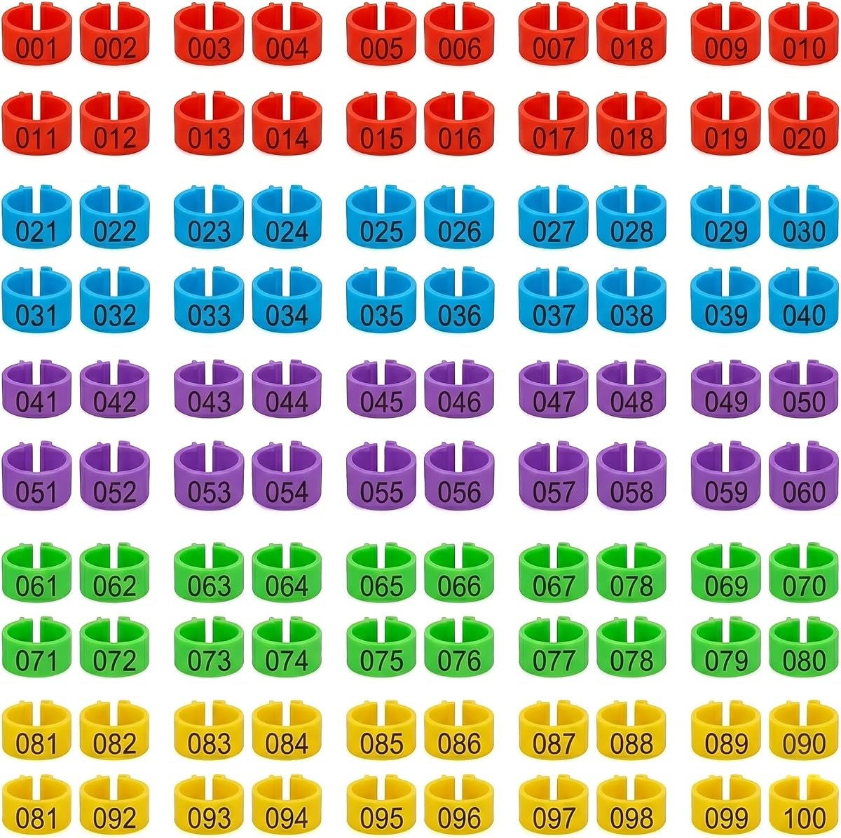 100 bandas para patas de pájaros de 0.630 in, numeradas con clip de colores mezclados en anillos para aves de corral, bandas de identificación de codornices para pollos gallo, agapornis canarios, pájaros pequeños