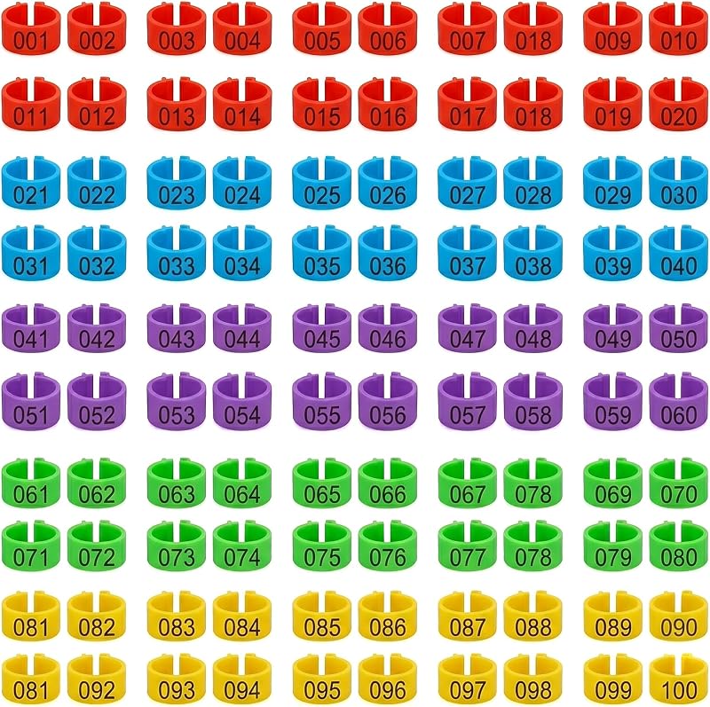 100 bandas para patas de pájaros de 0.630 in, numeradas con clip de colores mezclados en anillos para aves de corral, bandas de identificación de codornices para pollos gallo, agapornis canarios, pájaros pequeños