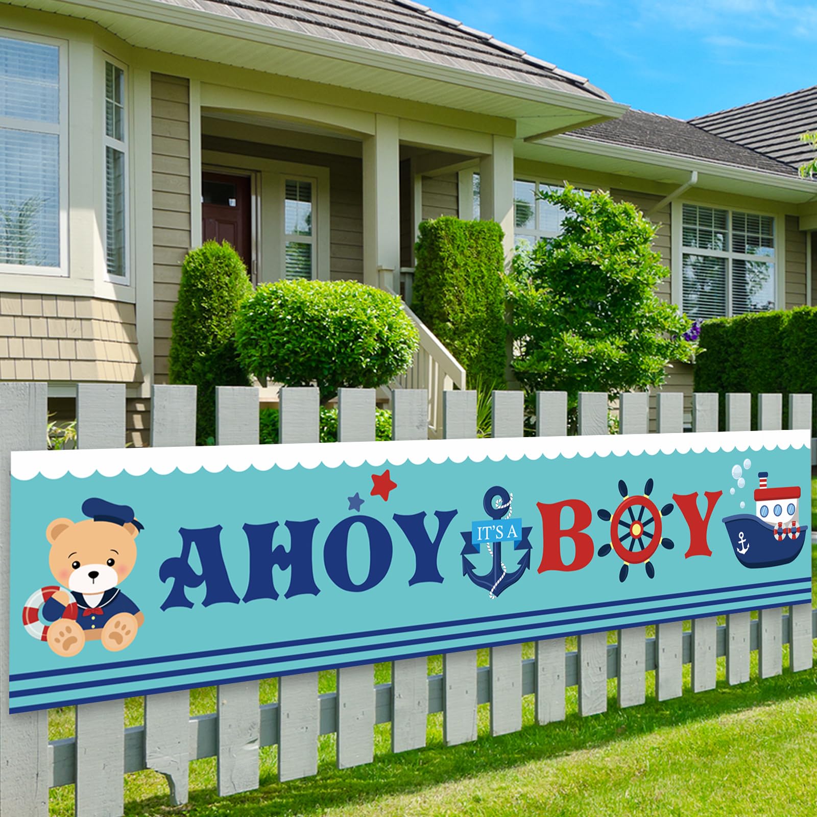 ShuanQ Ahoy It's a Boy Yard Banner - Large Nautical Theme Baby Shower/Gender Reveal Party Decoration Banner - Baby Boy Welcome Sign Outdoor Decor - 5.9 x1.3 ft