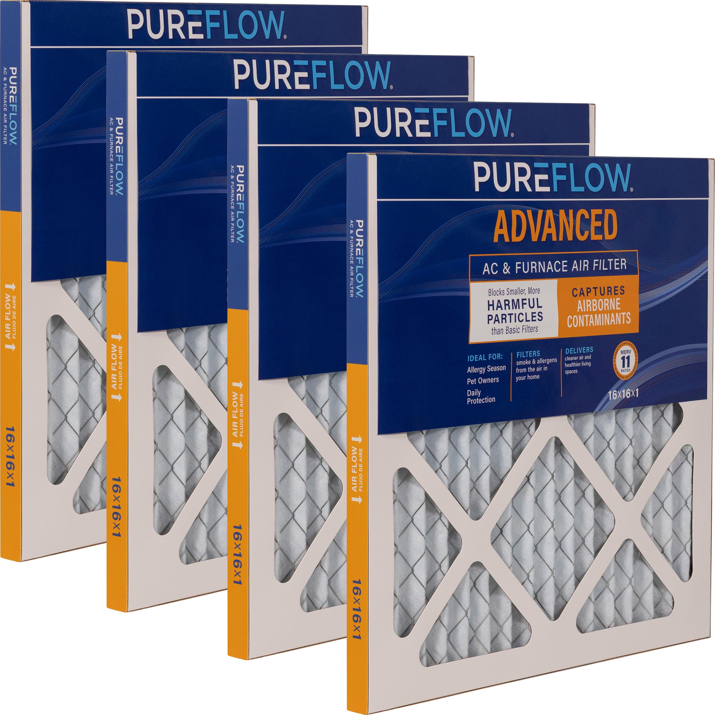 PUREFLOW Home Air Filter MERV 11, 16x16x1 Furnace Filter, 4 Layer High Efficiency Filtration for Dust, Smoke, Fumes, Pollutants (4-Pack)