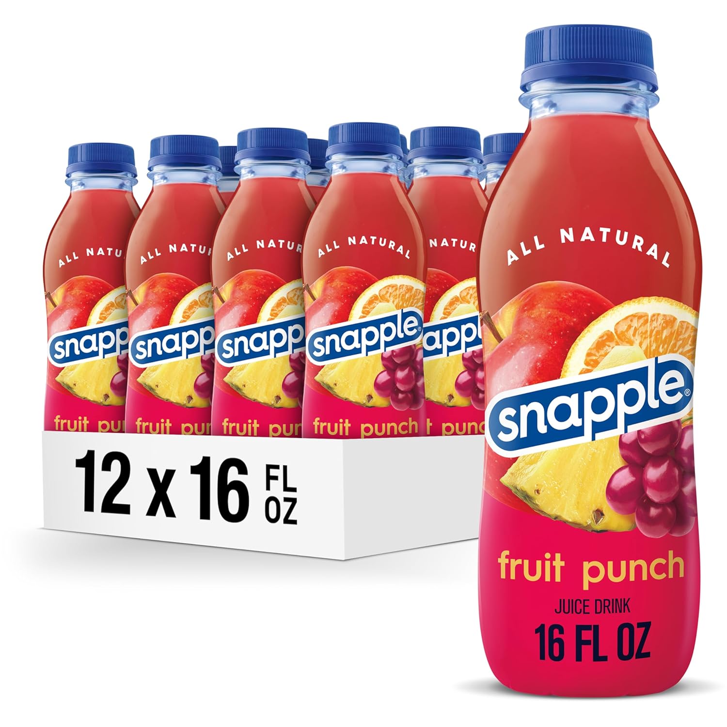 Snapple Fruit Punch Juice Drink, 16 fl oz recycled plastic bottle, Pack of 12 Fruit Punch 16 Fl Oz (Pack of 12)
