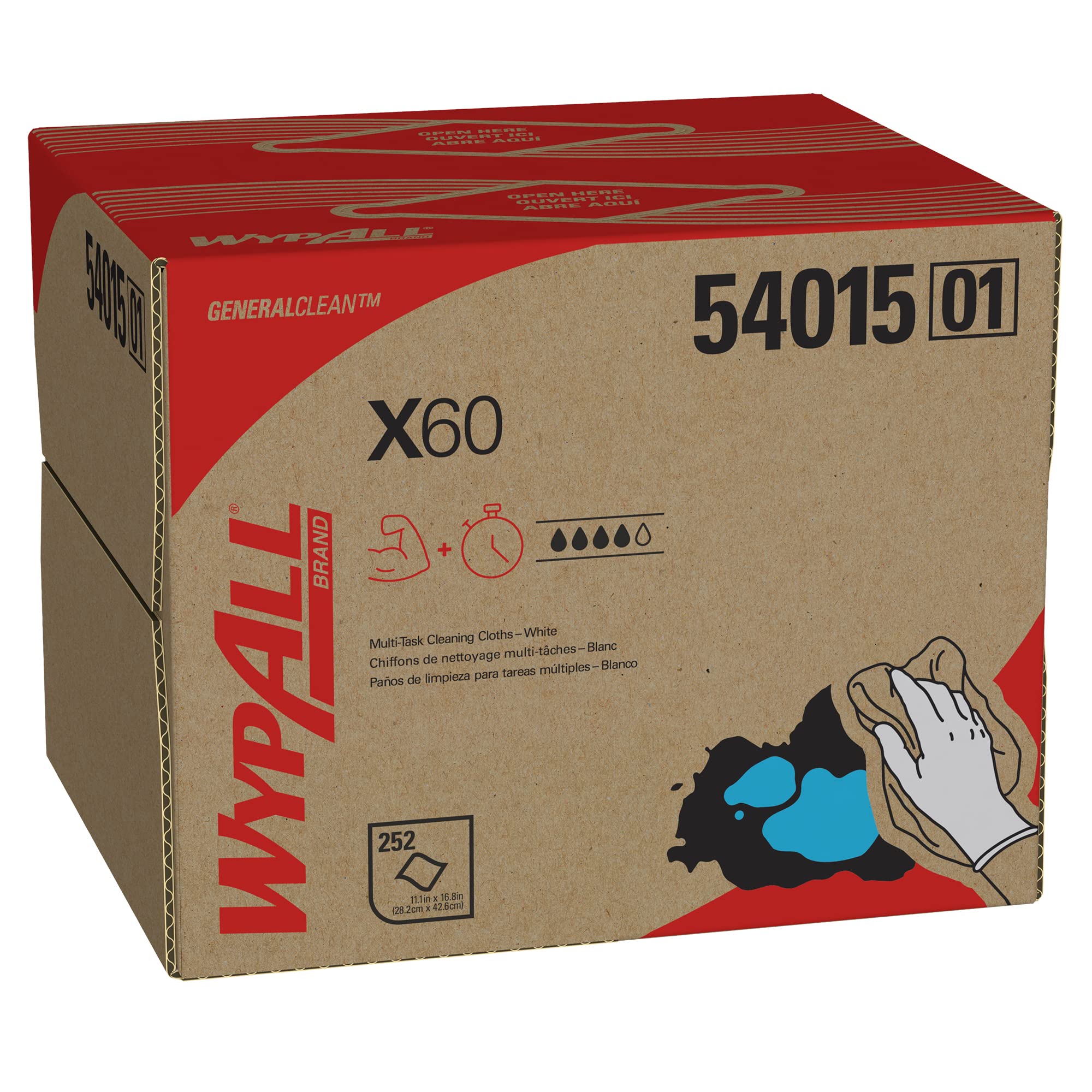 WypAll General Clean X60 Multi-Task Cleaning Cloths (54015), Brag Box, White, 1 Box with 252 Sheets