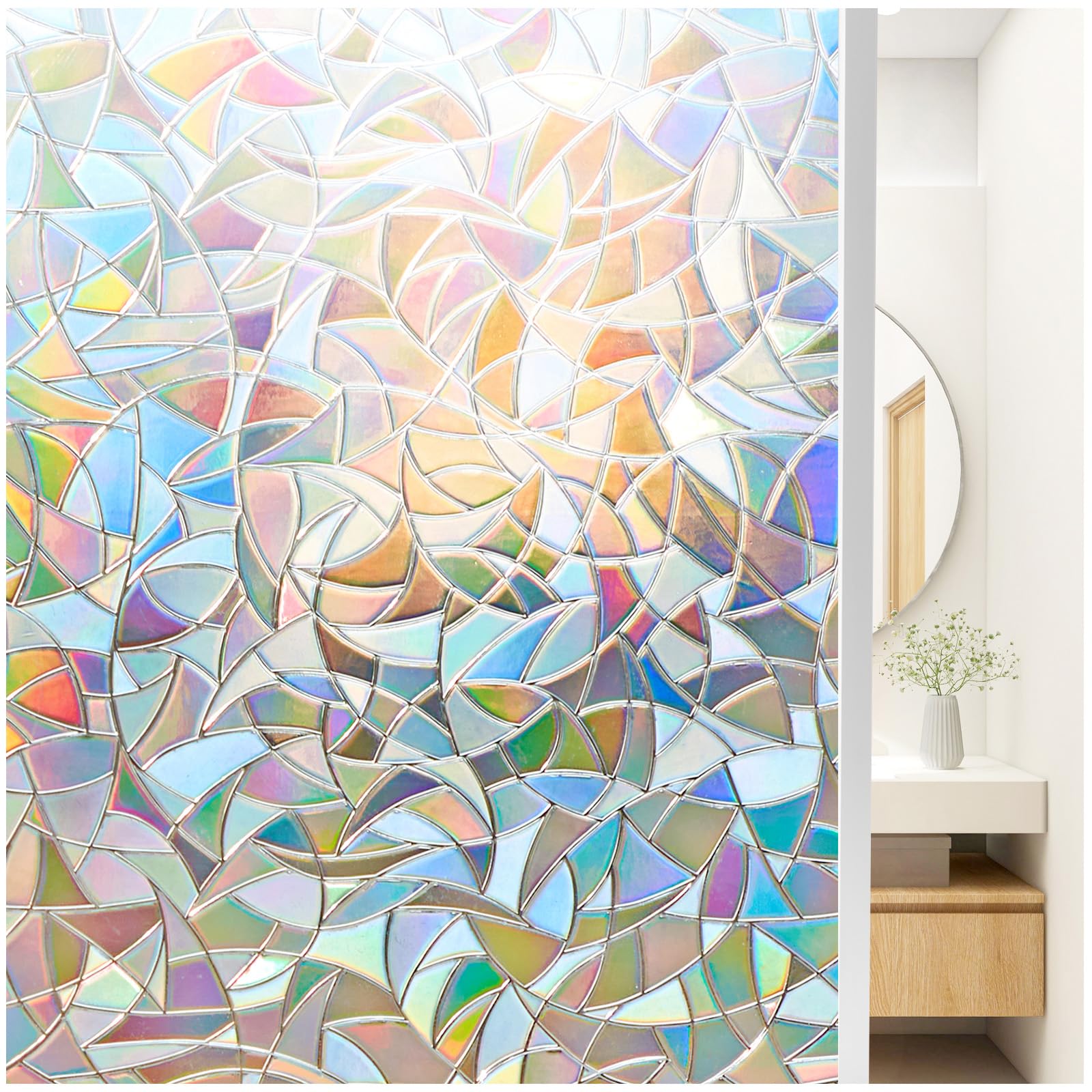 Rainbow Stained Glass Window Privacy Film - Peel & Stick Decorative Cling 17x39 Inches, Light Filtering & Artistic