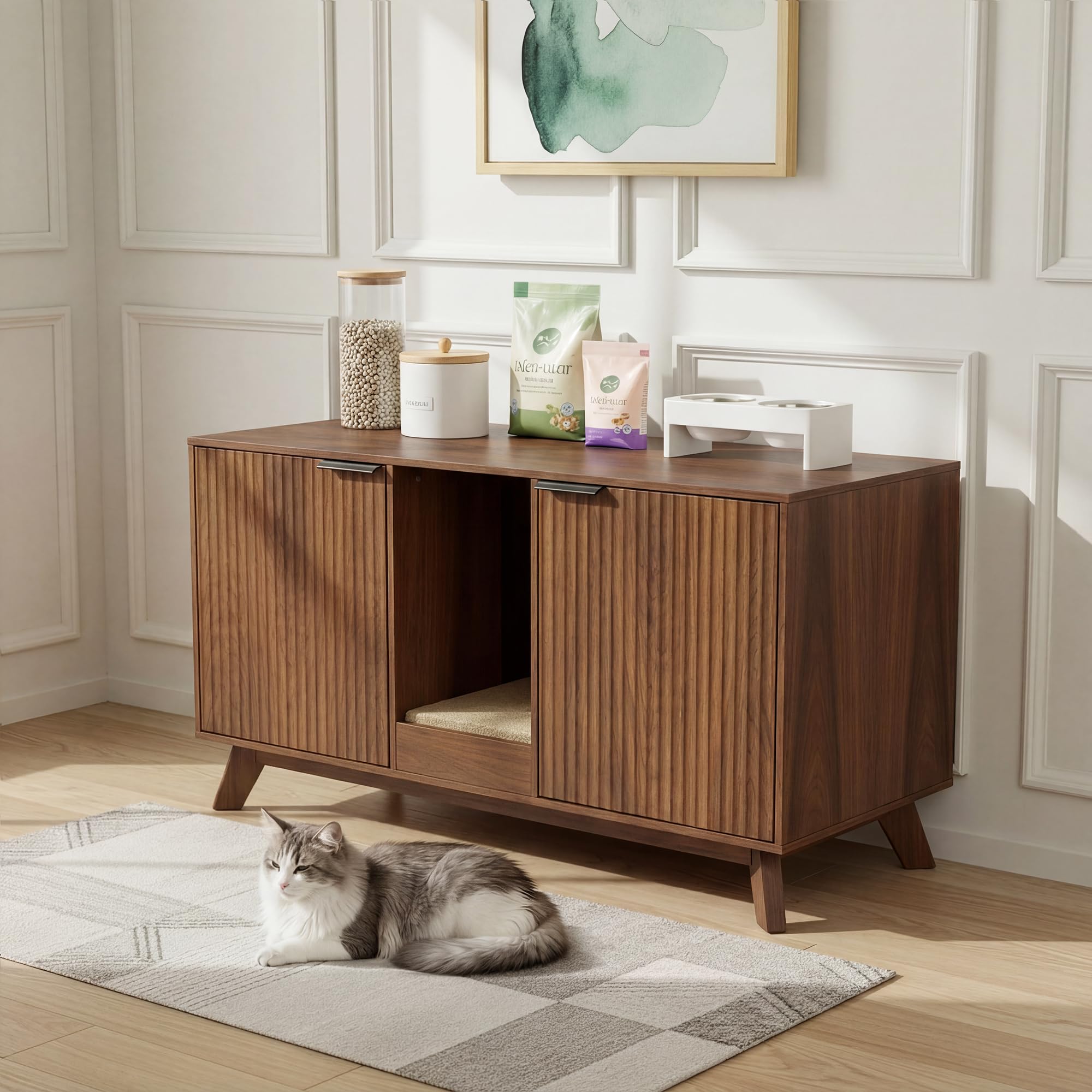 Double Cat Litter Box Enclosure for 2 Cats,Fluted Hidden Litter Box Furniture with Litter Collector & Scratch Pad,47" Large Enclosed Cat Cabinet,Cat House,TV Stand,for Living Room,Walnut - image 8