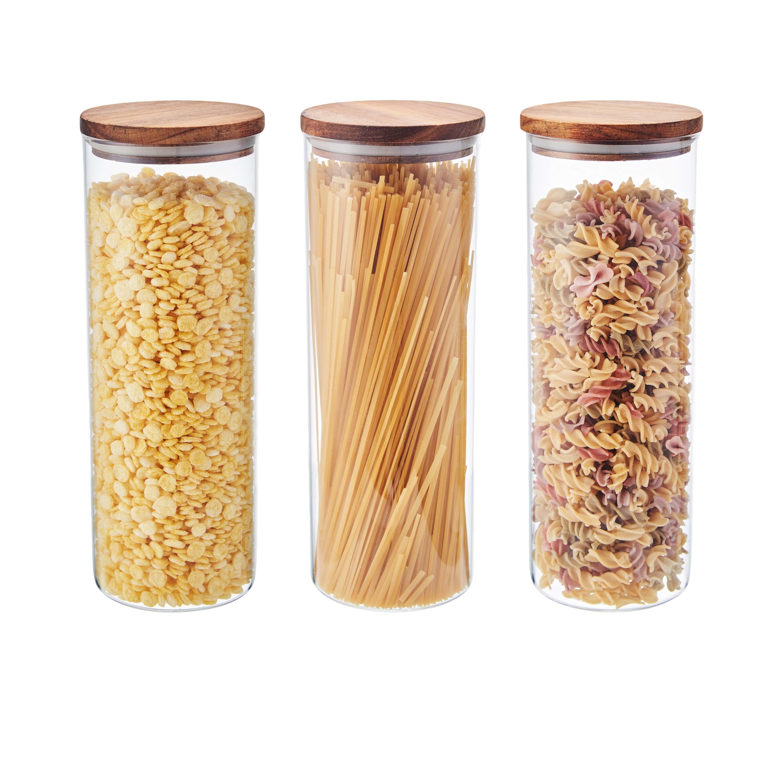 Eden & Willow Glass Kitchen Storage Canister Jars with Airtight Acacia Wooden Lids (Pack of 3 Jars), Borosilicate Glass Food Storage Containers for Kitchen Pantry Organisation (3, 1.8L)