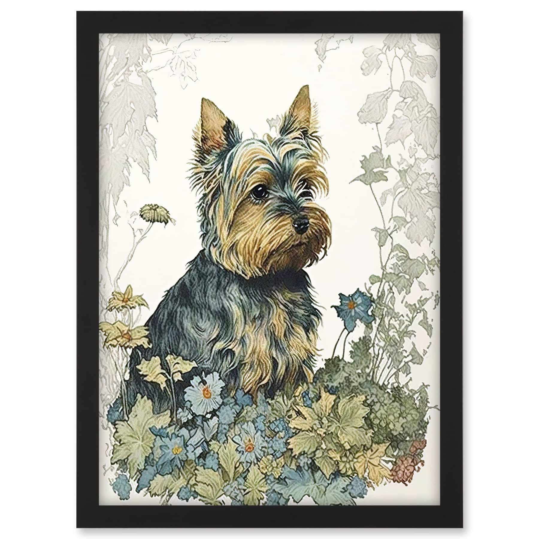Artery8 Yorkshire Terrier Dog in Wildflowers Watercolour Illustration Artwork Framed A3 Wall Art Print
