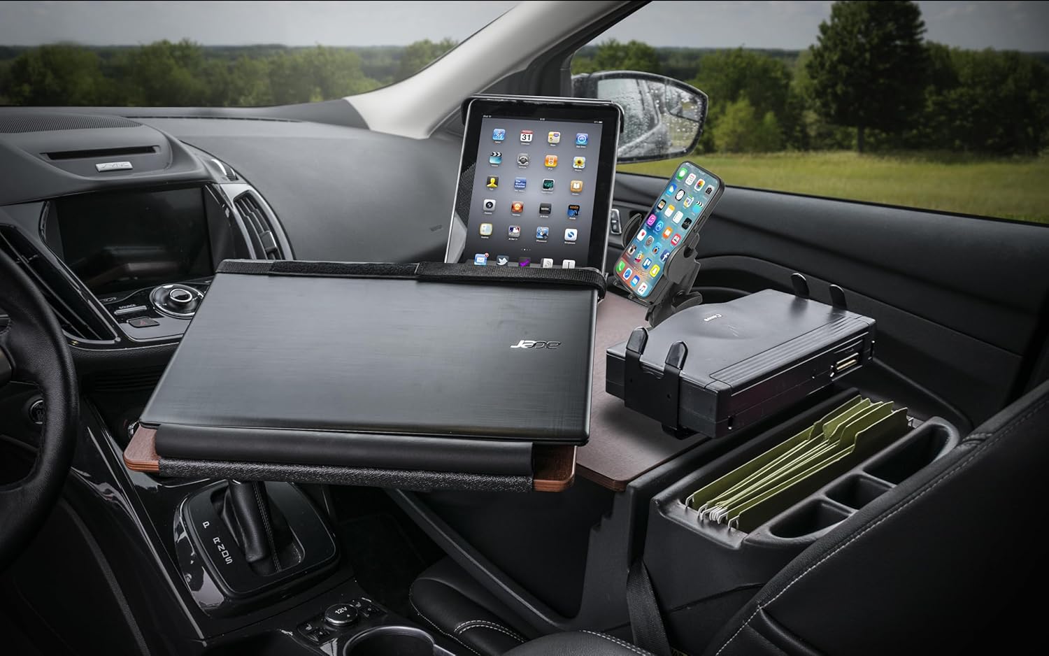 AutoExec Reach Car Desk for Your Vehicle Workstation and Mobile Office, Front Seat, Mahogany with Printer Stand, Phone Mount and Tablet Mount