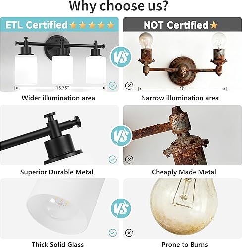 Miniatura 5 de Lámparas de baño negras de 3 luces, modernas luces de tocador sobre el espejo, apliques de pared de baño con pantalla de vidrio blanco, enchufe E26,