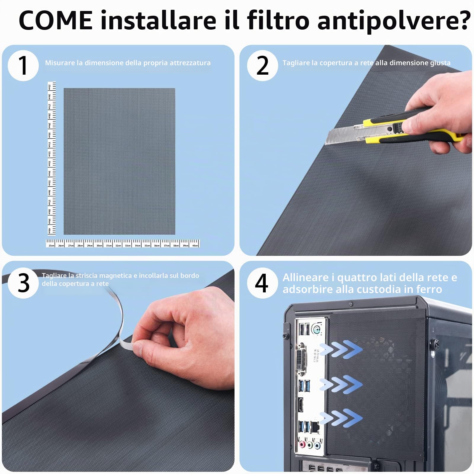 [Confezione da 4] 400 x 300 mm DIY PC Case Filtro a rete antipolvere in PVC con striscia magnetica per computer PC Case