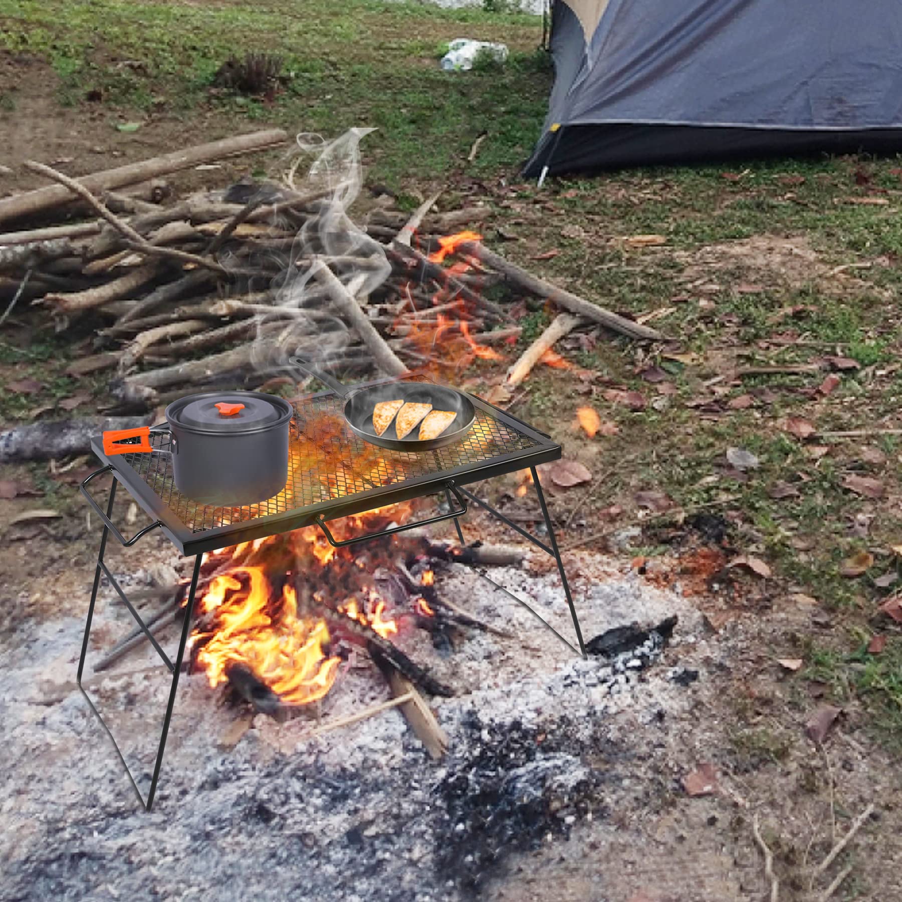Gril de feu de camp pliable avec plaque de gril, grille en acier
