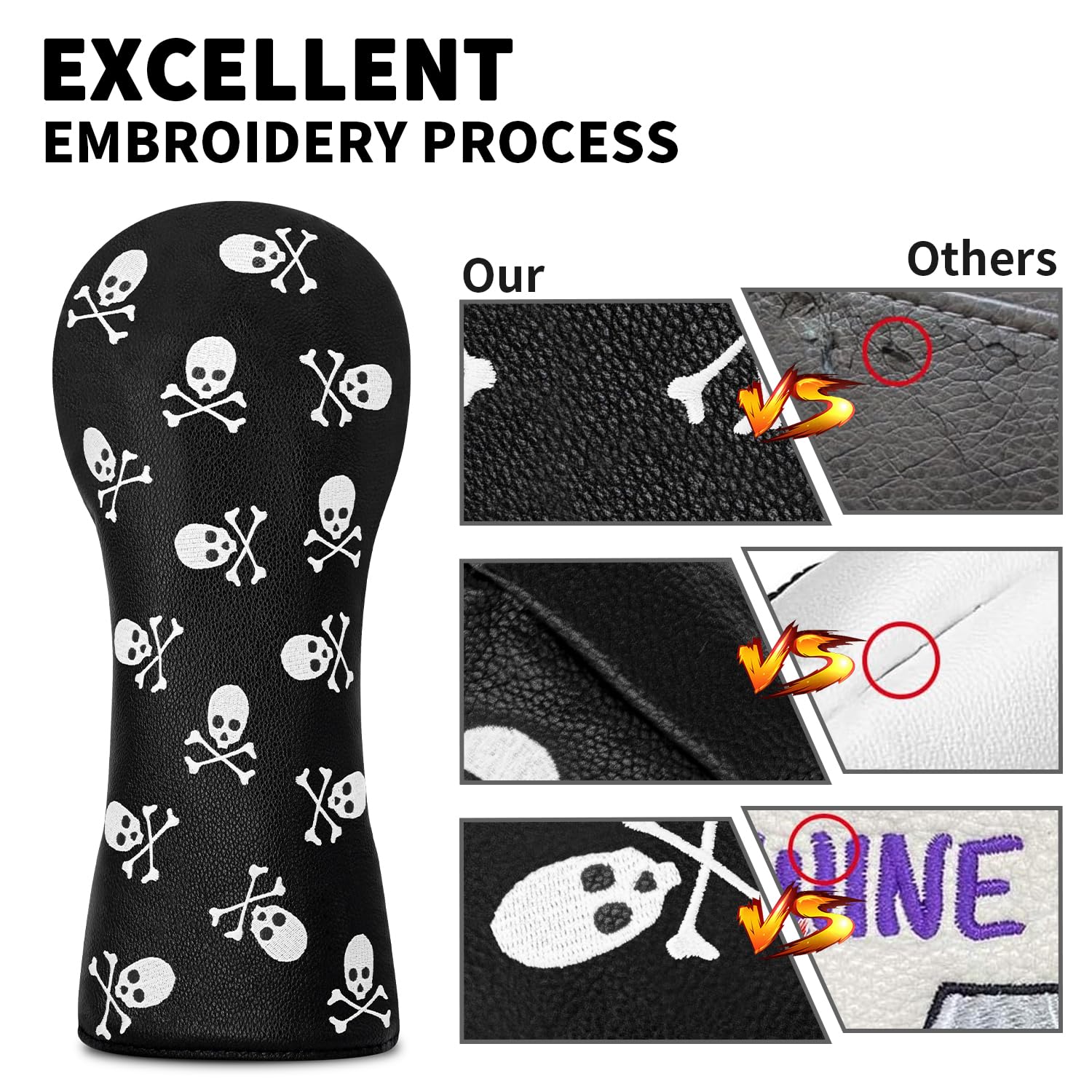 Golf Head Cover Golf Club Black Little Skull Golf Covers PU Headcovers Set Fits Driver Fairway Hybrid Woods Iron Wedge Headcover - Image 3