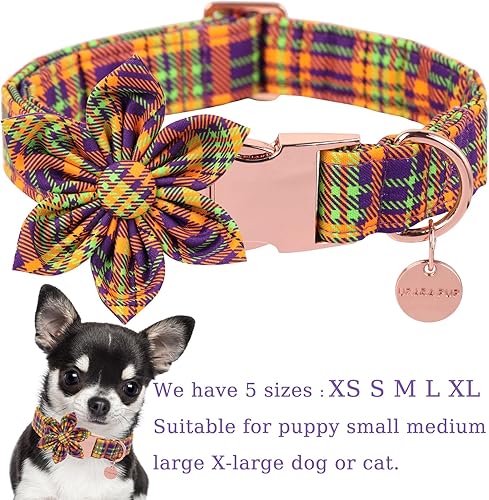 Miniatura 2 de Collar de perro de Halloween con flor, collar de perro a cuadros de Halloween para hembras pequeñas, collar de perro de otoño e invierno con hebilla