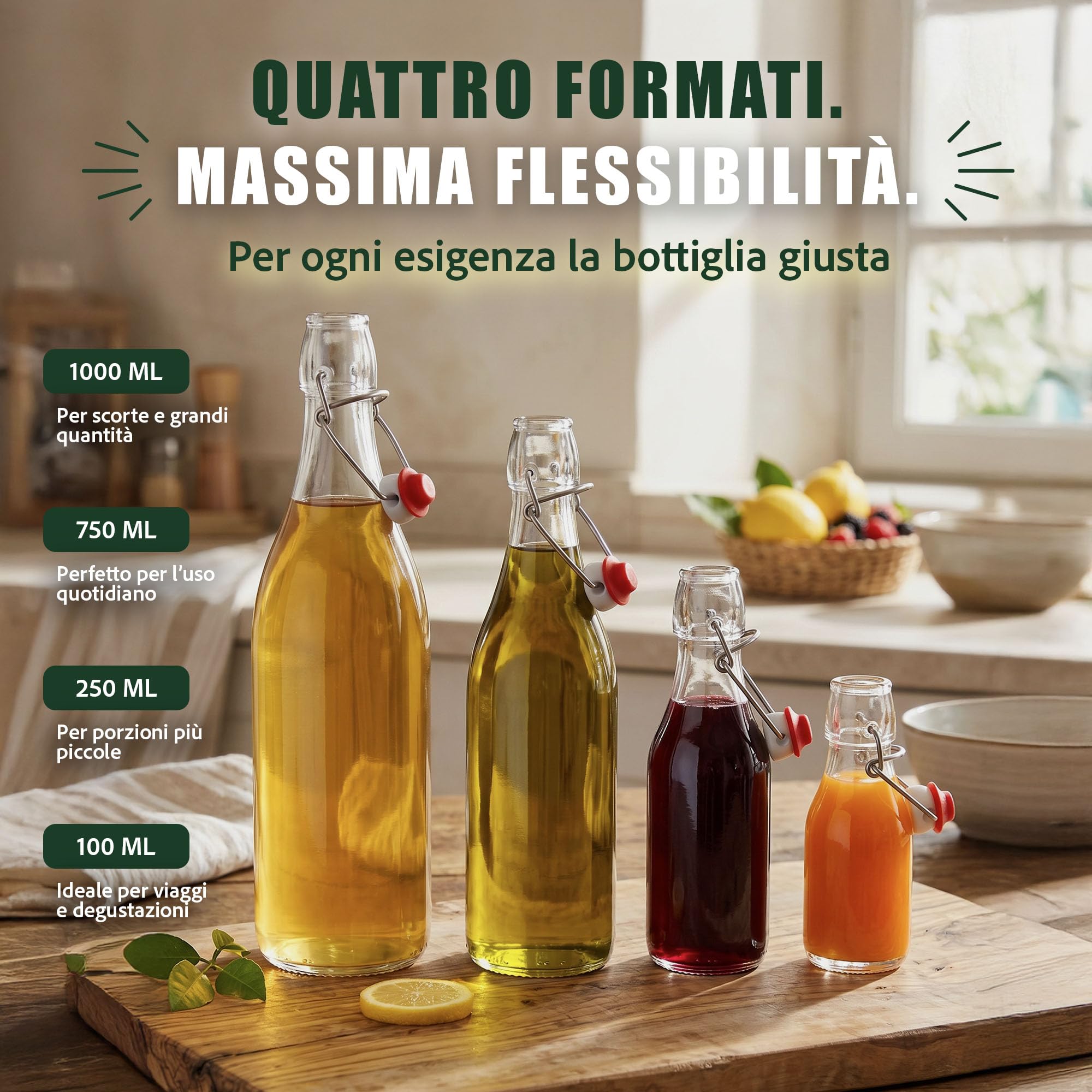 24 bottigliette di vetro 100ml – Bottiglie piccole 100 ml per liquore con tappo a leva ermetico – Regali, conserve, fermentazione e aceto