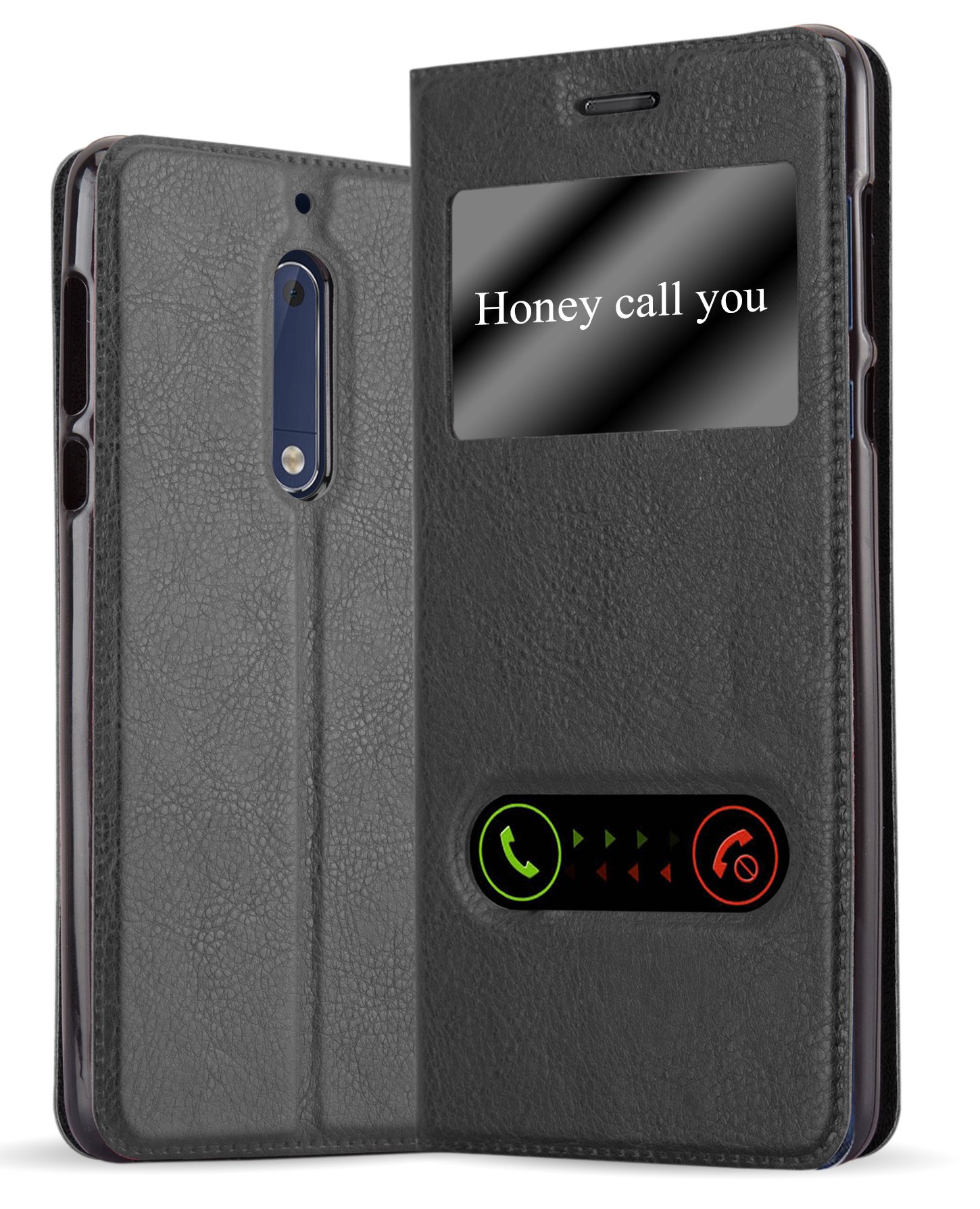 cadorabo Book Case works with Nokia 5 2017 in COMET BLACK - with Magnetic Closure, 2 Viewing Windows and Stand Function - Wallet Etui Cover Pouch PU Leather Flip