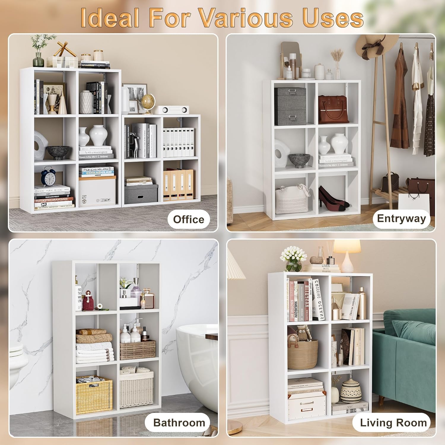 6 Cube Storage Organizer - Metal Bookshelf, White Cube Shelf, Deep Cube Shelving with Corner Protector, Toy Display Bookcase for Living Room, Bedroom, Office, Entryway