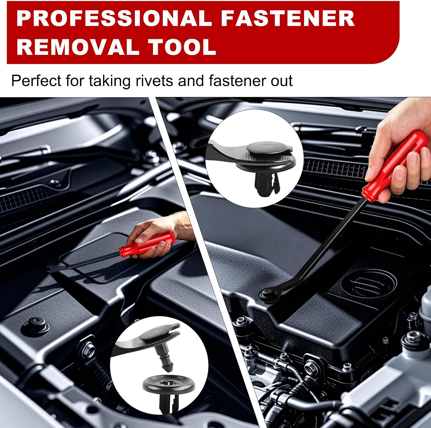 50Pcs Car Trim Disassembly Tool Set, Anti-Scratch Nylon Pry Bars, Terminal Extractor, Clip Pliers & Valve Stem Dust Caps for Removing Dashboards, Door Clips and Car Interior Seat-Red