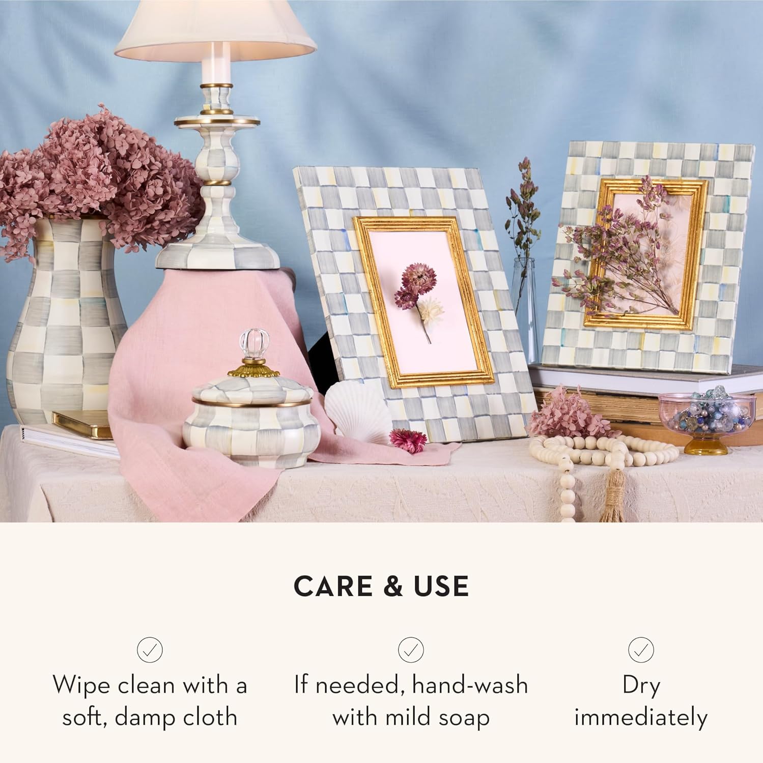 MACKENZIE-CHILDS Tall Enamel Vase, Unique Flower-Vase Decor for Living Room, Gray-and-White Sterling Check