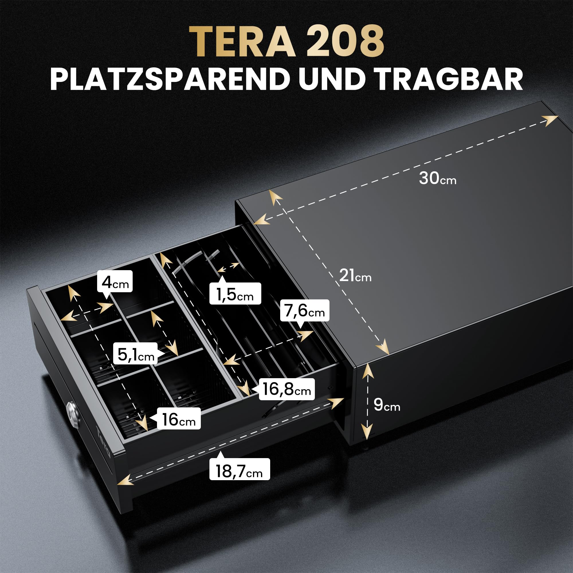 Tera Tiroir Caisse Métallique Réglable 20,8 × 30 × 9,8 cm 4 Compartiments Billets 6–8 Compartiments Monnaie Fente de Dépôt 2 Clés Connexion RJ12 pour Système POS