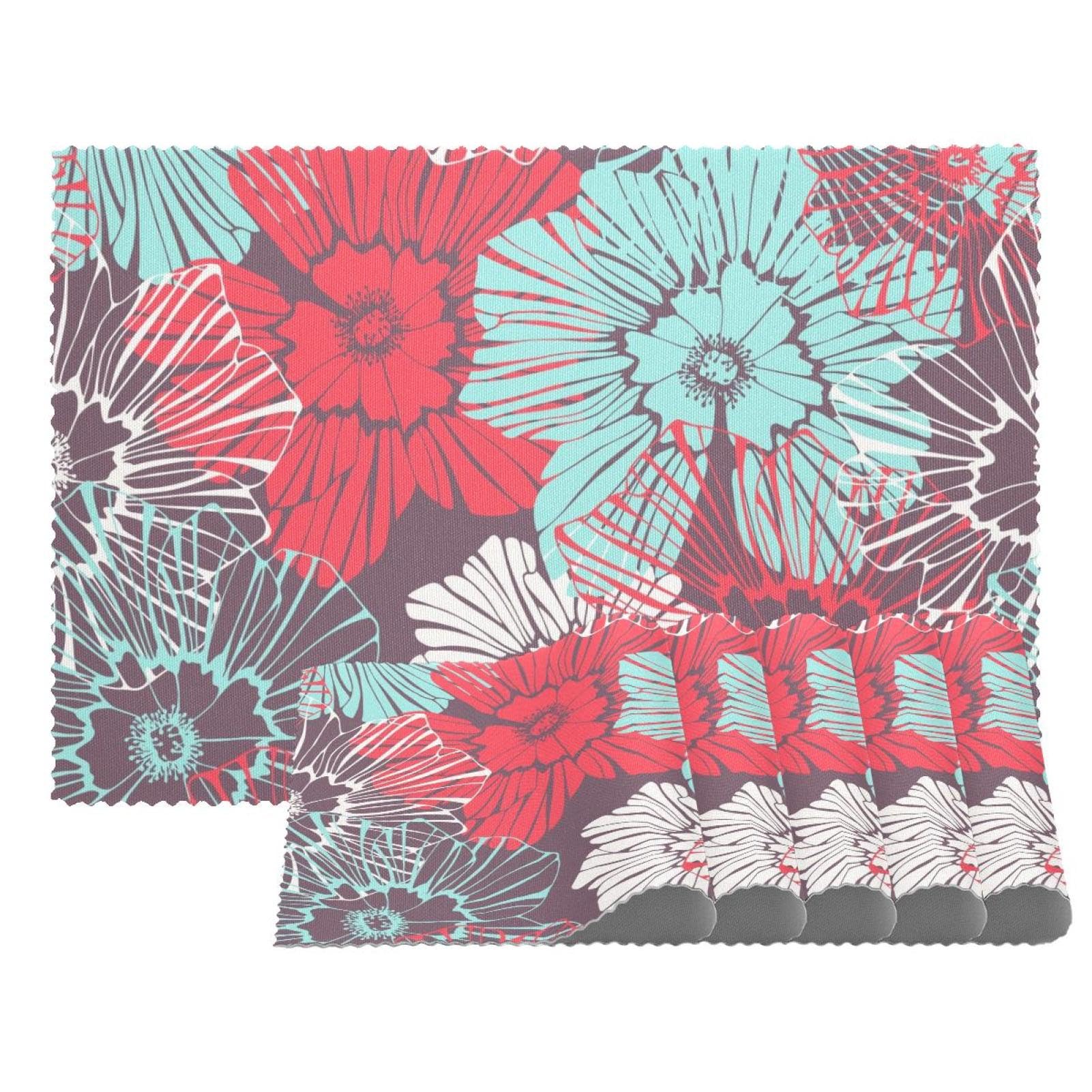 Set de table en tissu Oxford résistant à la chaleur et lavable motif fleur x4