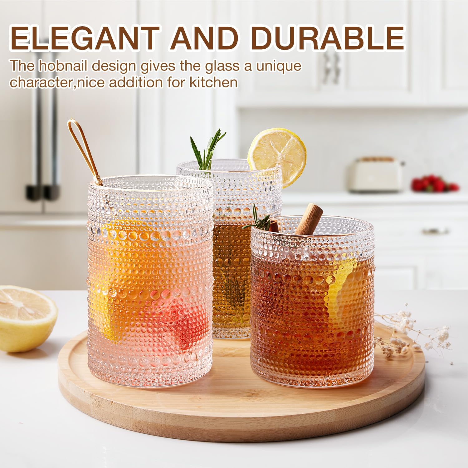Hobnail Drinking Glasses Set of 8, 4 Highball Glasses 15oz,4 Rocks Glasses 12oz,Mixed Drink Cocktail Glass, Vintage Embossed Glassware Sets for Whiskey,mocktails, Water & Juice Drinkware - Image 5